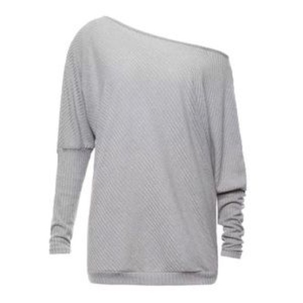 Gray off shoulder sweater.